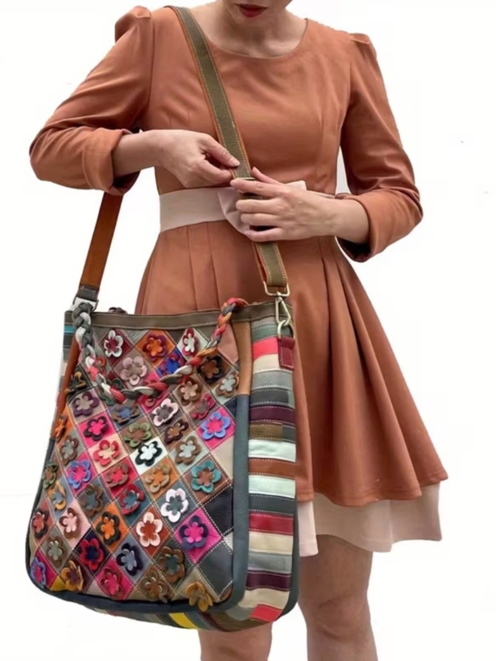 ♥️Multicolor Patchwork Floral Genuine Leather Shoulder Bag Large - Picture 4 of 12